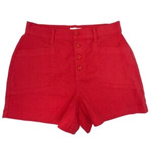 Evereve Joelle Stretch Linen Shorts Red Button Fly High Rise Size 30 NWT $108